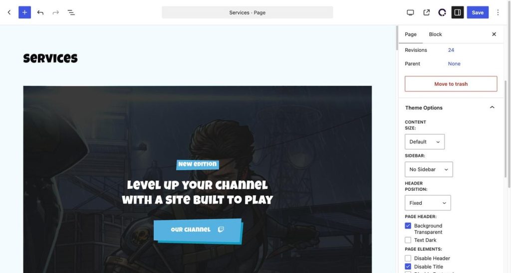 Theme Options panel in the page editor